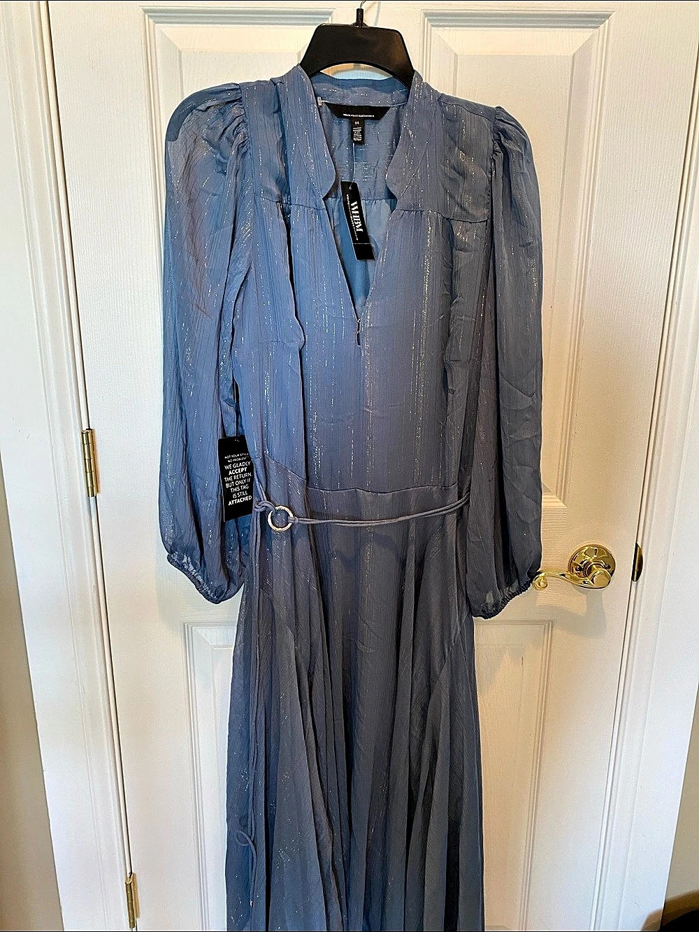 White House Black Market blue metallic belted lurex Maxi Dress sz 14 NWT